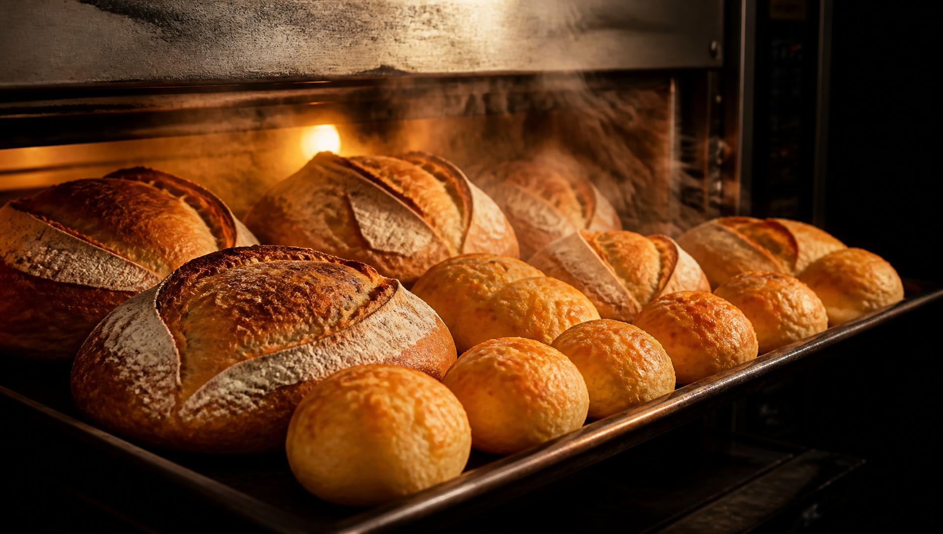 Pães artesanais saindo do forno industrial