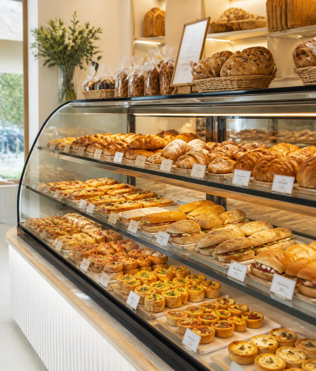 Vitrine de padaria repleta de pães, salgados e doces